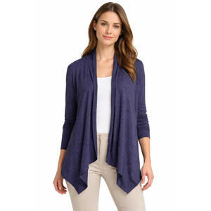 Natori Open Front Cardigan Women Large Heather Navy Drape Lightweight Knit